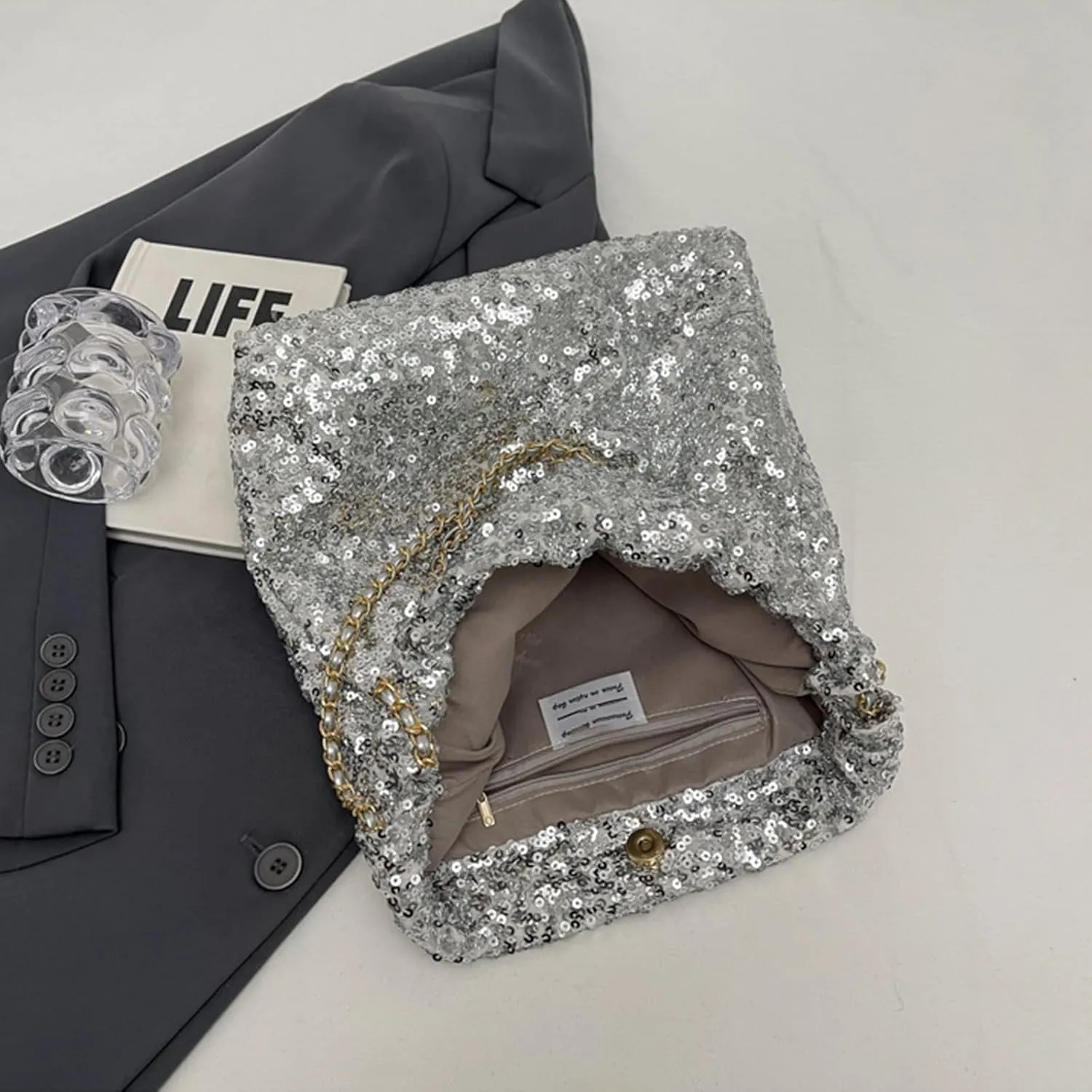 Women's Glitter Sequins Shoulder Tote Big Capacity Shimmer Shopping Bag Sparkling Handbag Purse