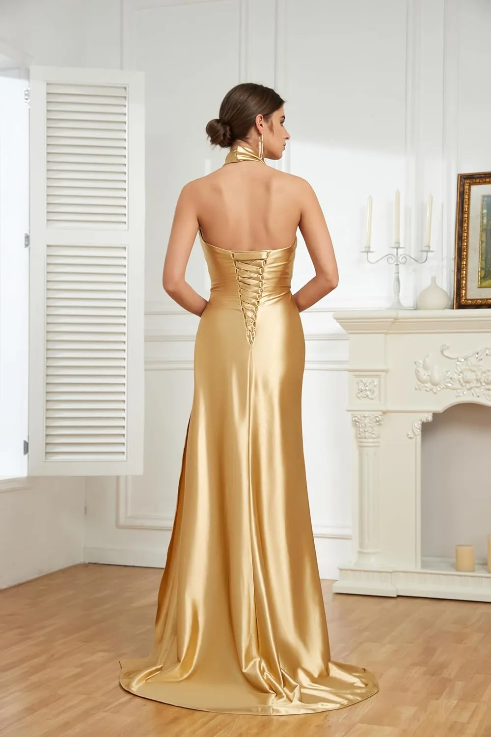 Women's Halter Bridesmaid Dresses Satin Prom Dresses Long Mermaid Formal Party Dress with Slit UU07