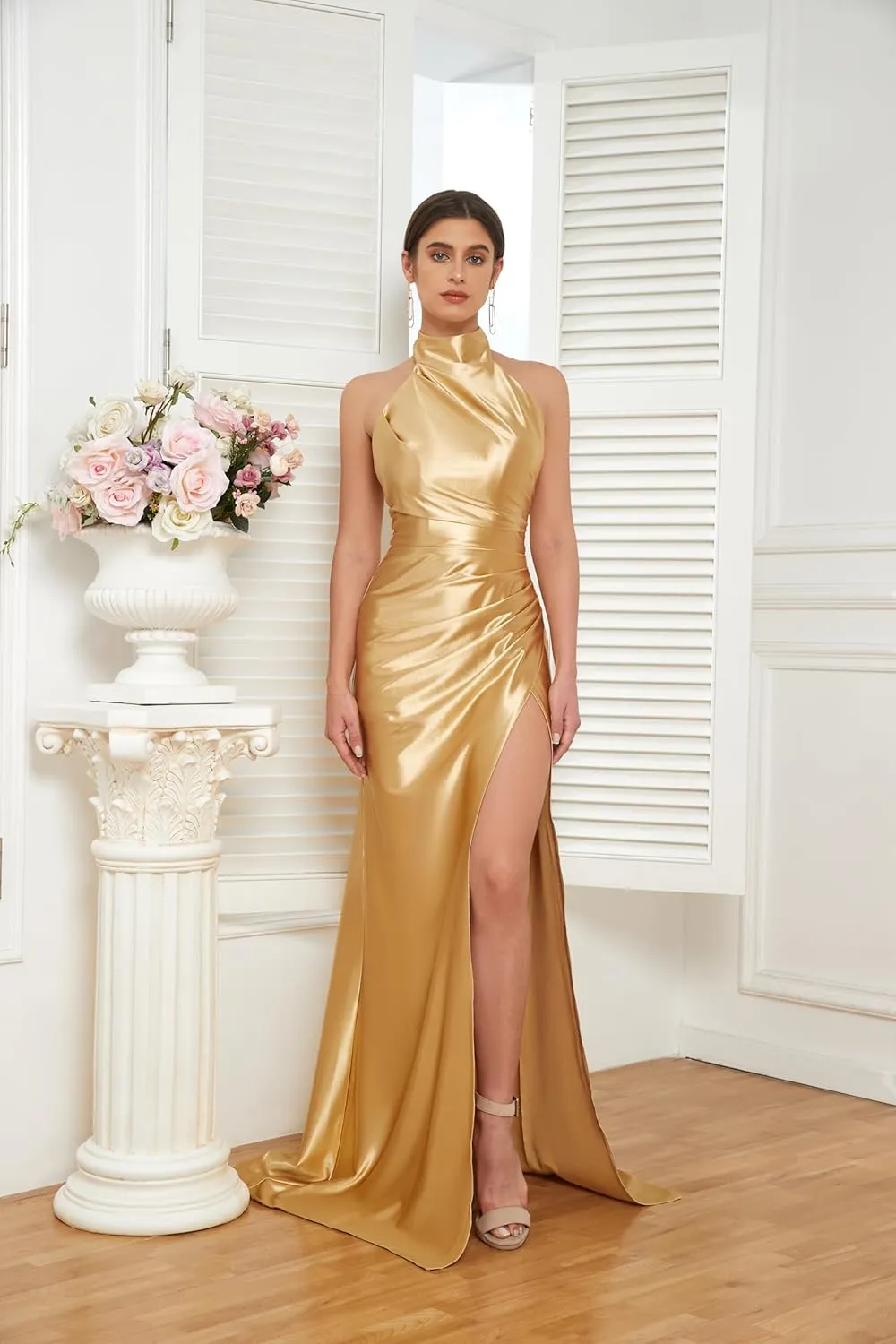 Women's Halter Bridesmaid Dresses Satin Prom Dresses Long Mermaid Formal Party Dress with Slit UU07