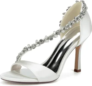 Womens Heeled Sandals Open Toe Strap Rhinestone Satin Bridal Shoes Stiletto Heel 8.5Cm Ankle Wedding Dress Fo Engagement Evening Prom