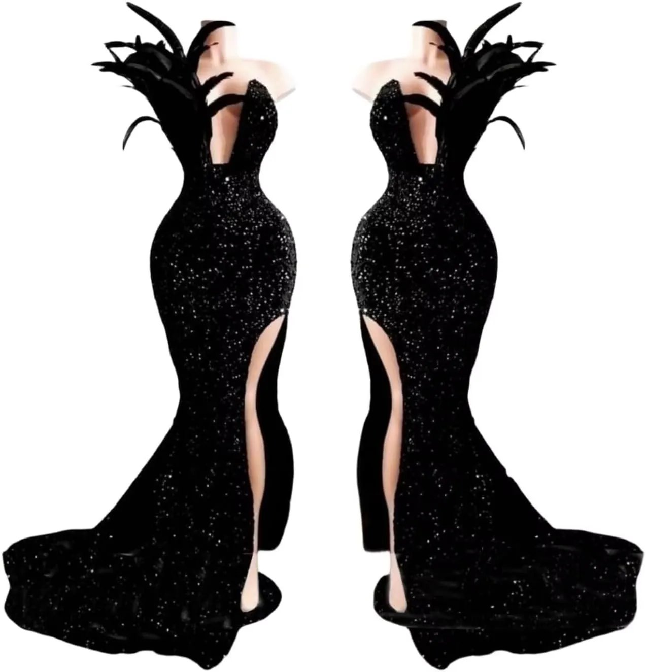 Women's High Split Feathers Sexy Sequins Prom Dress Deep V Neck Off Shoulder Gowns Celebrity Cocktail Evening Party Gown