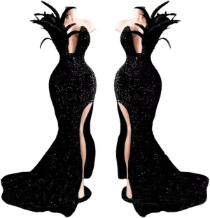 Women's High Split Feathers Sexy Sequins Prom Dress Deep V Neck Off Shoulder Gowns Celebrity Cocktail Evening Party Gown