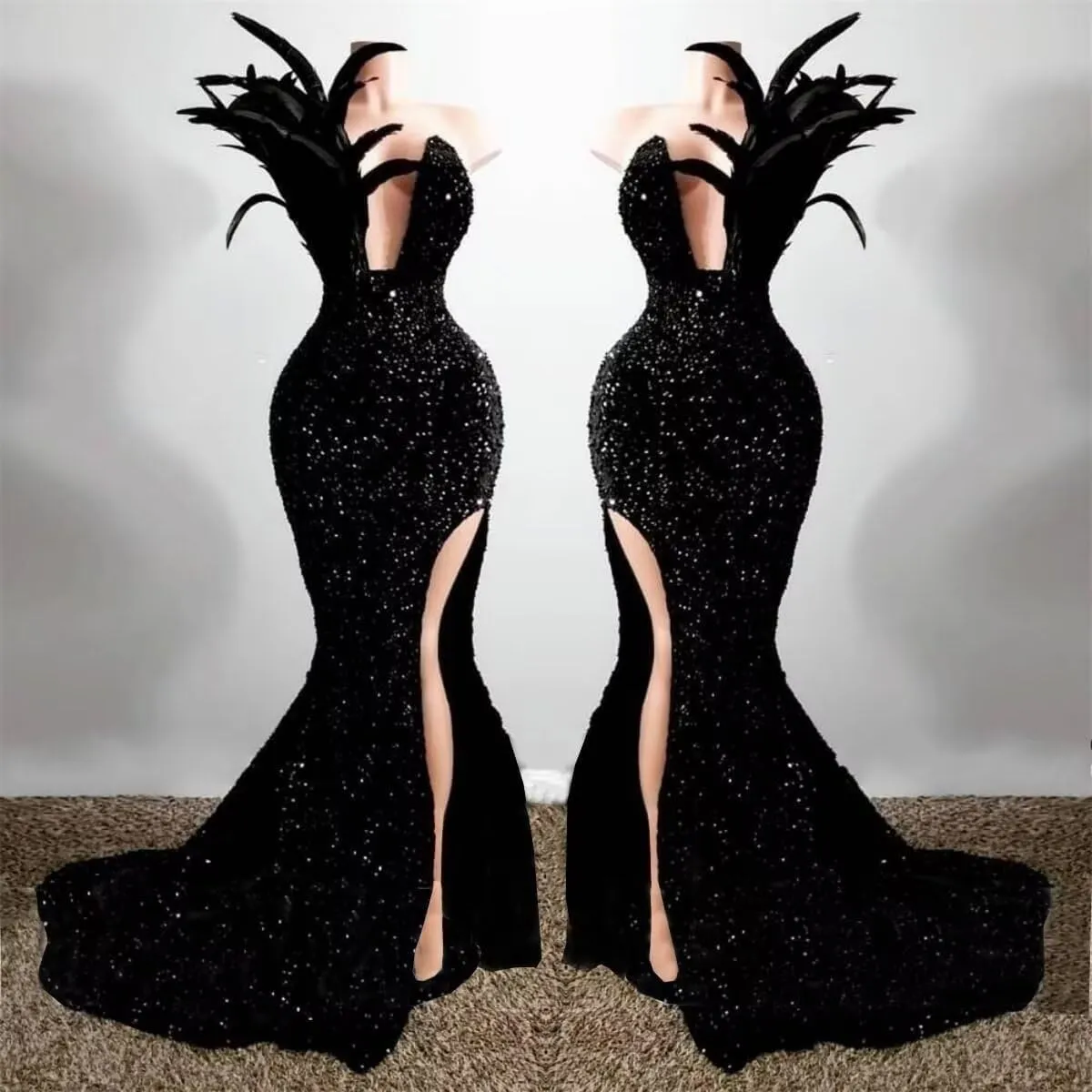 Women's High Split Feathers Sexy Sequins Prom Dress Deep V Neck Off Shoulder Gowns Celebrity Cocktail Evening Party Gown