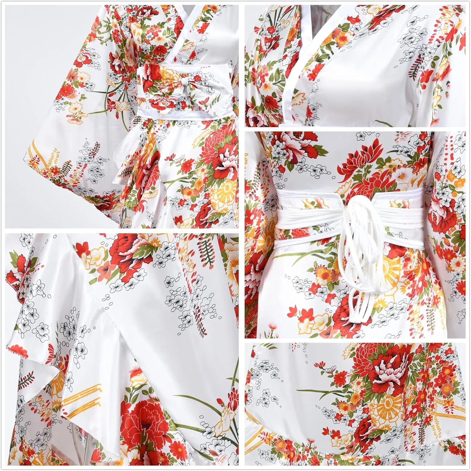 Women's Kimono Robe Geisha Yukata Sweet Tuxedo Ruffle Dress Blossom Satin Bathrobe Sleepwear Fans Tabi Socks Set