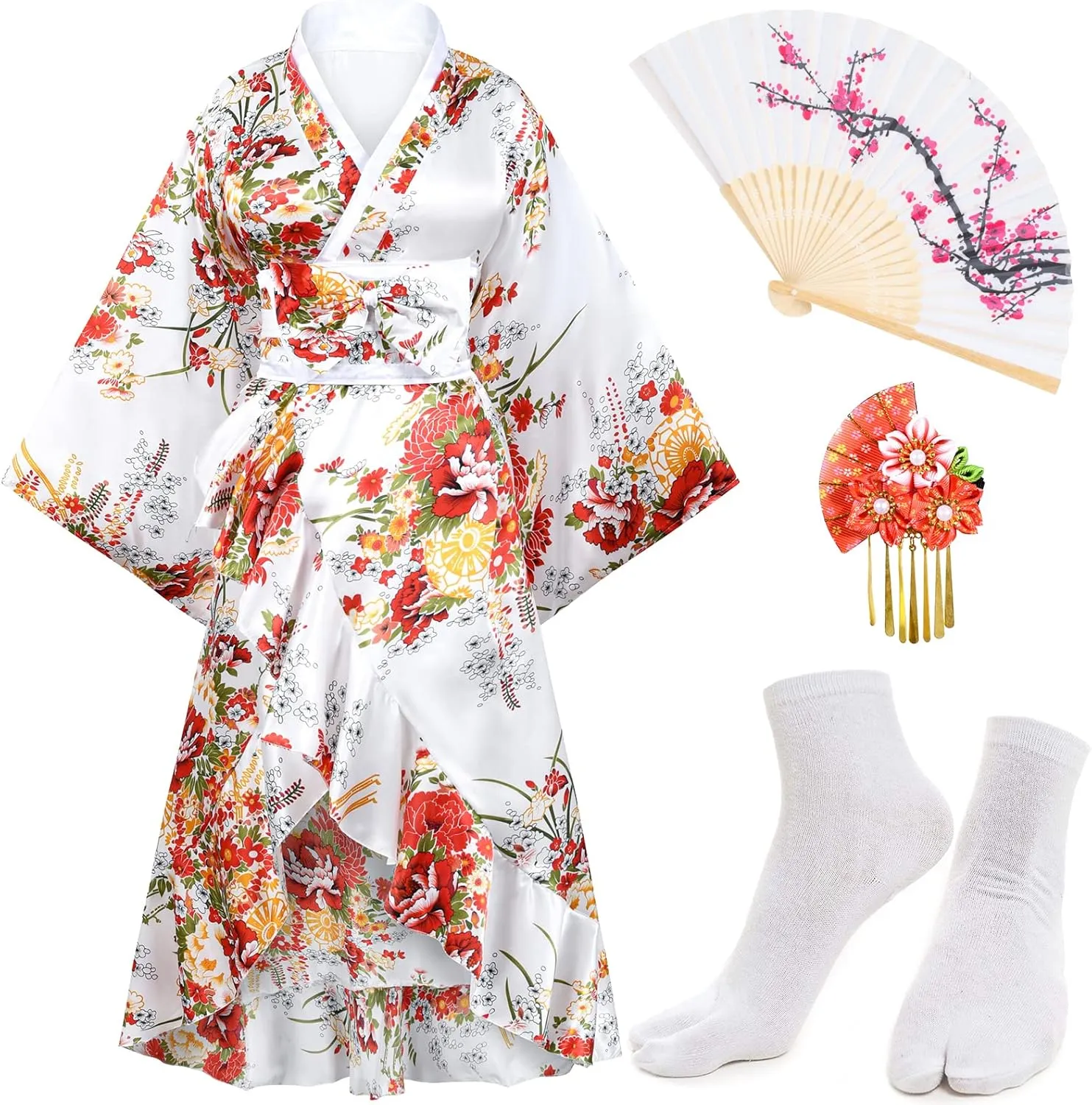 Women's Kimono Robe Geisha Yukata Sweet Tuxedo Ruffle Dress Blossom Satin Bathrobe Sleepwear Fans Tabi Socks Set