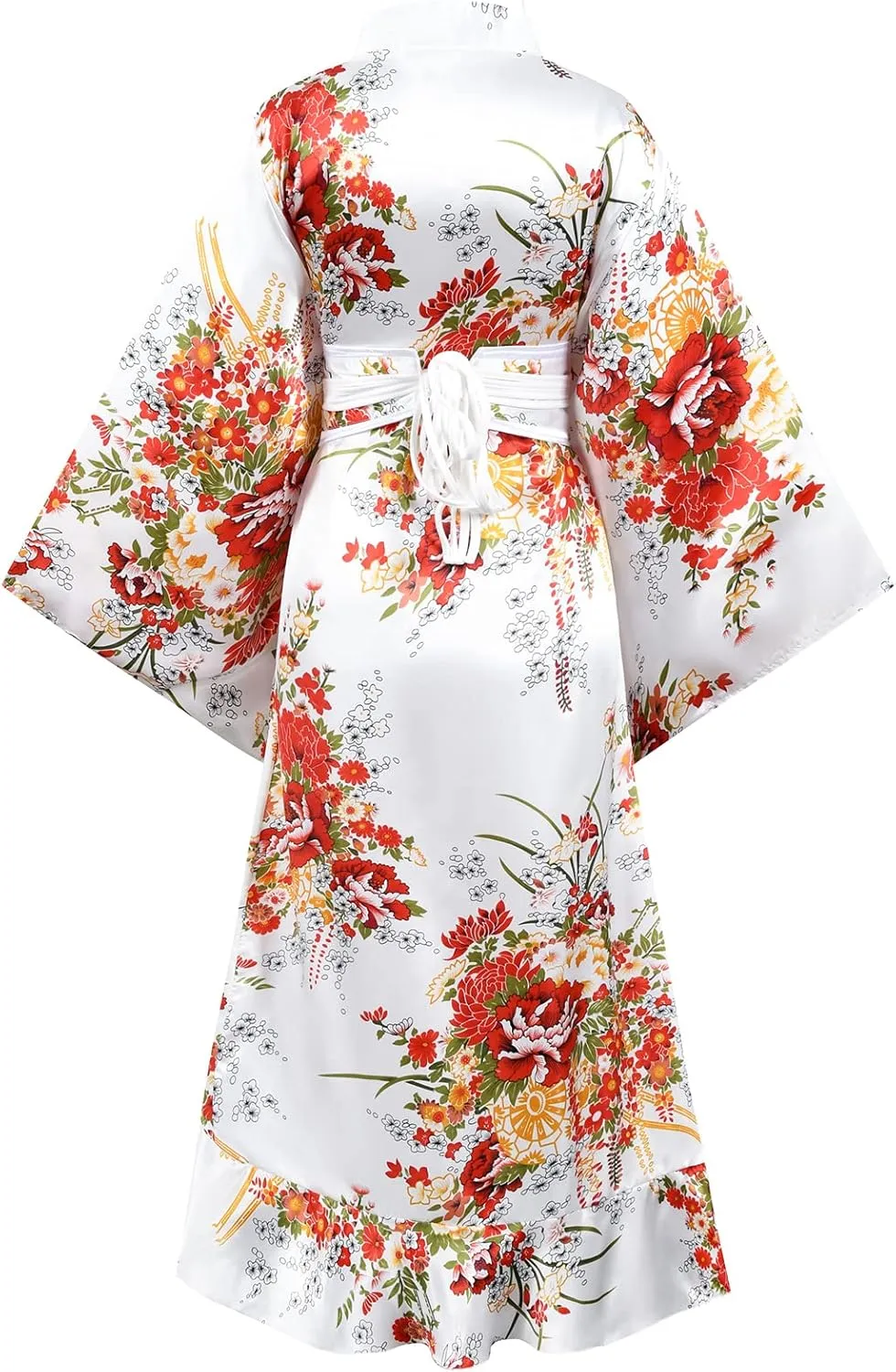 Women's Kimono Robe Geisha Yukata Sweet Tuxedo Ruffle Dress Blossom Satin Bathrobe Sleepwear Fans Tabi Socks Set