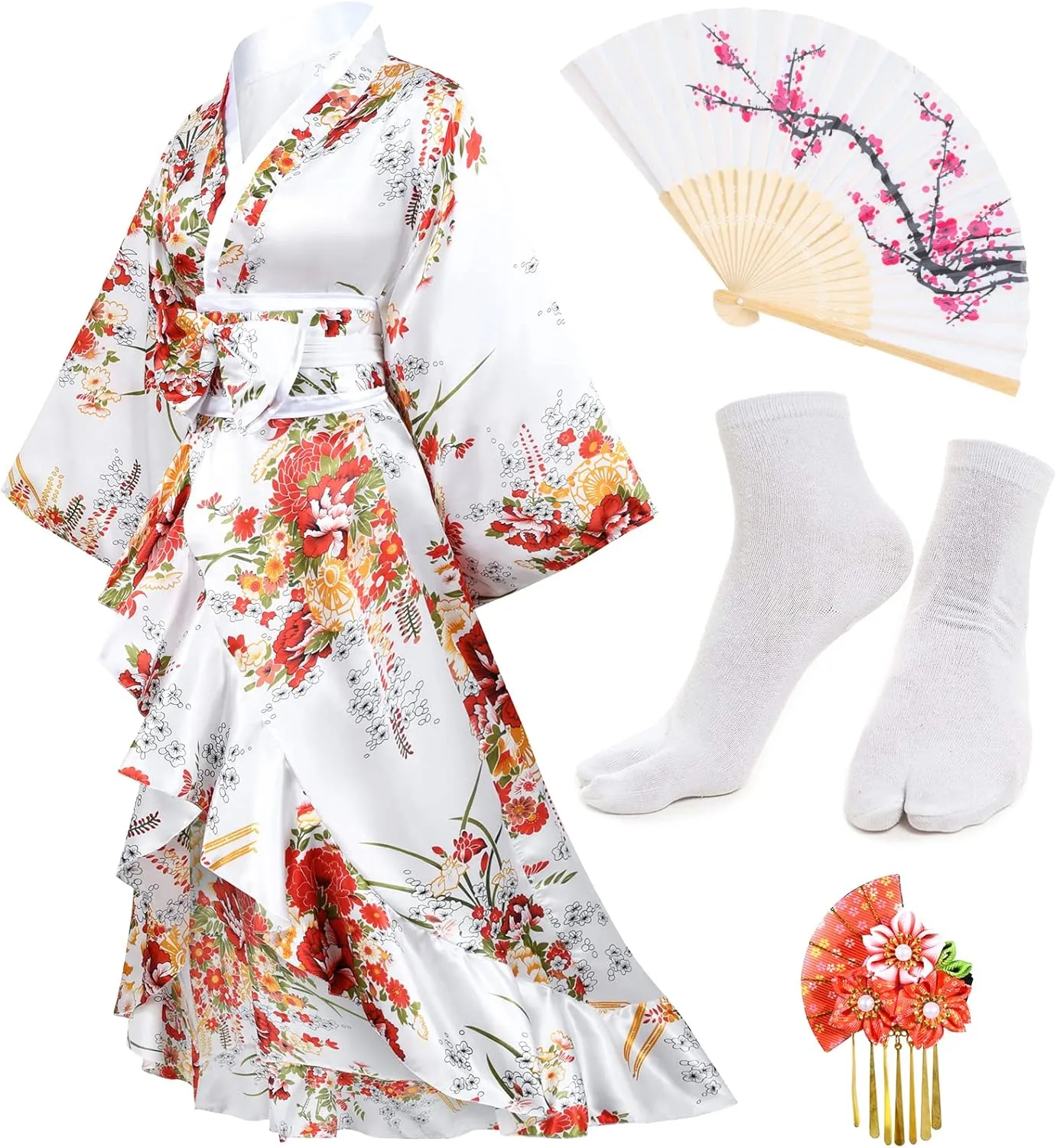 Women's Kimono Robe Geisha Yukata Sweet Tuxedo Ruffle Dress Blossom Satin Bathrobe Sleepwear Fans Tabi Socks Set