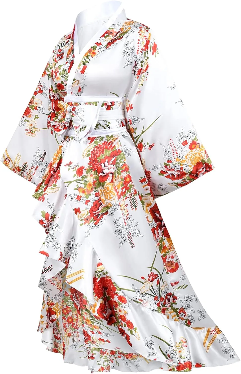 Women's Kimono Robe Geisha Yukata Sweet Tuxedo Ruffle Dress Blossom Satin Bathrobe Sleepwear Fans Tabi Socks Set