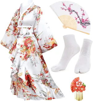 Women's Kimono Robe Geisha Yukata Sweet Tuxedo Ruffle Dress Blossom Satin Bathrobe Sleepwear Fans Tabi Socks Set