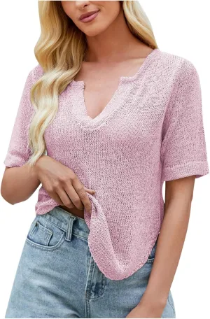 Womens Kintted Tops Summer Casual Ventilated Short Sleeves Low-Cut V-Neck Solid Color T-Shirts Lounge Loose Comfy Tees