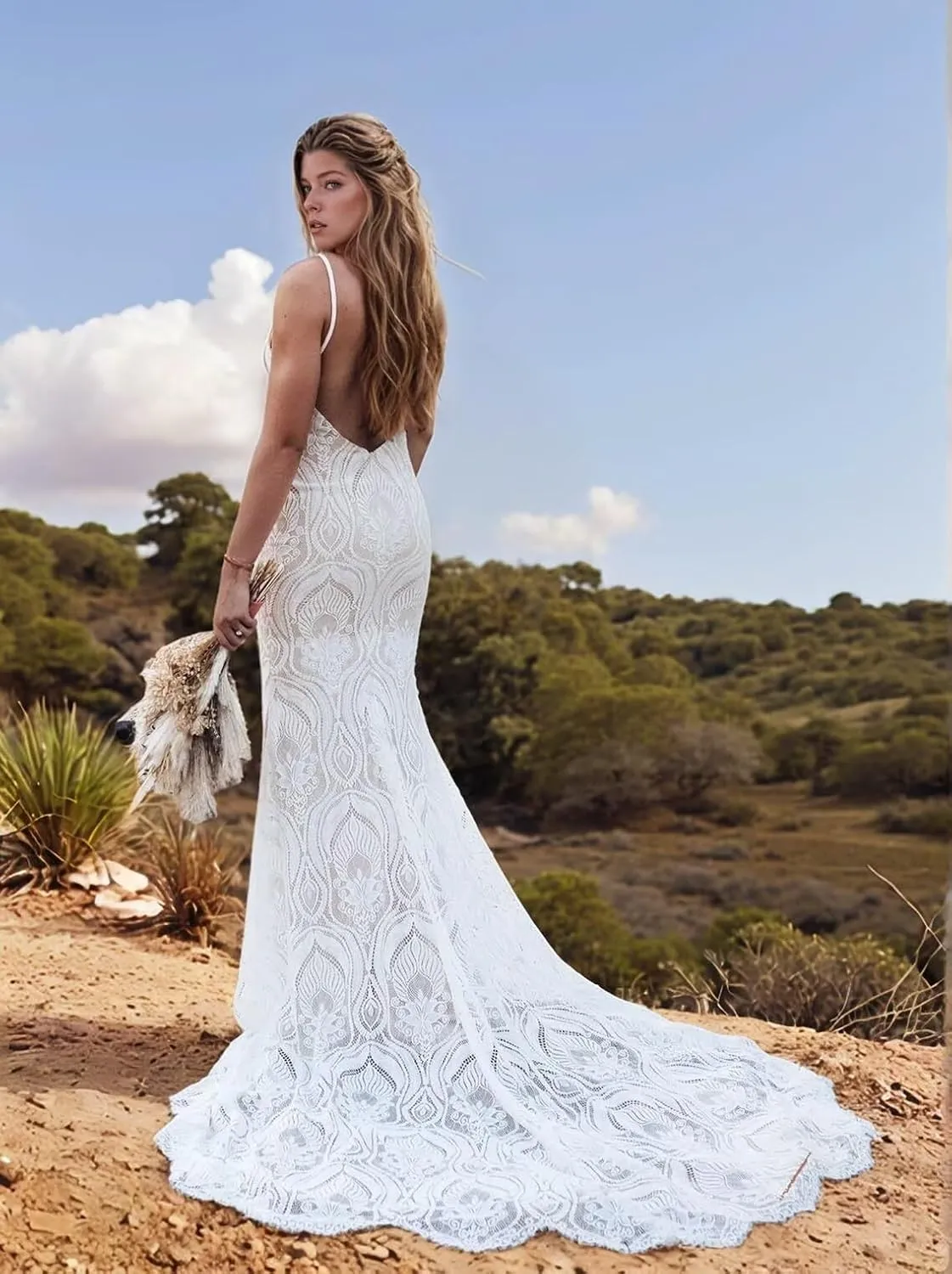 Women's Lace Wedding Dresses for Bride Long Sleeve Boho Bridal Wedding Gowns V Neck Bohemian Wedding Gown