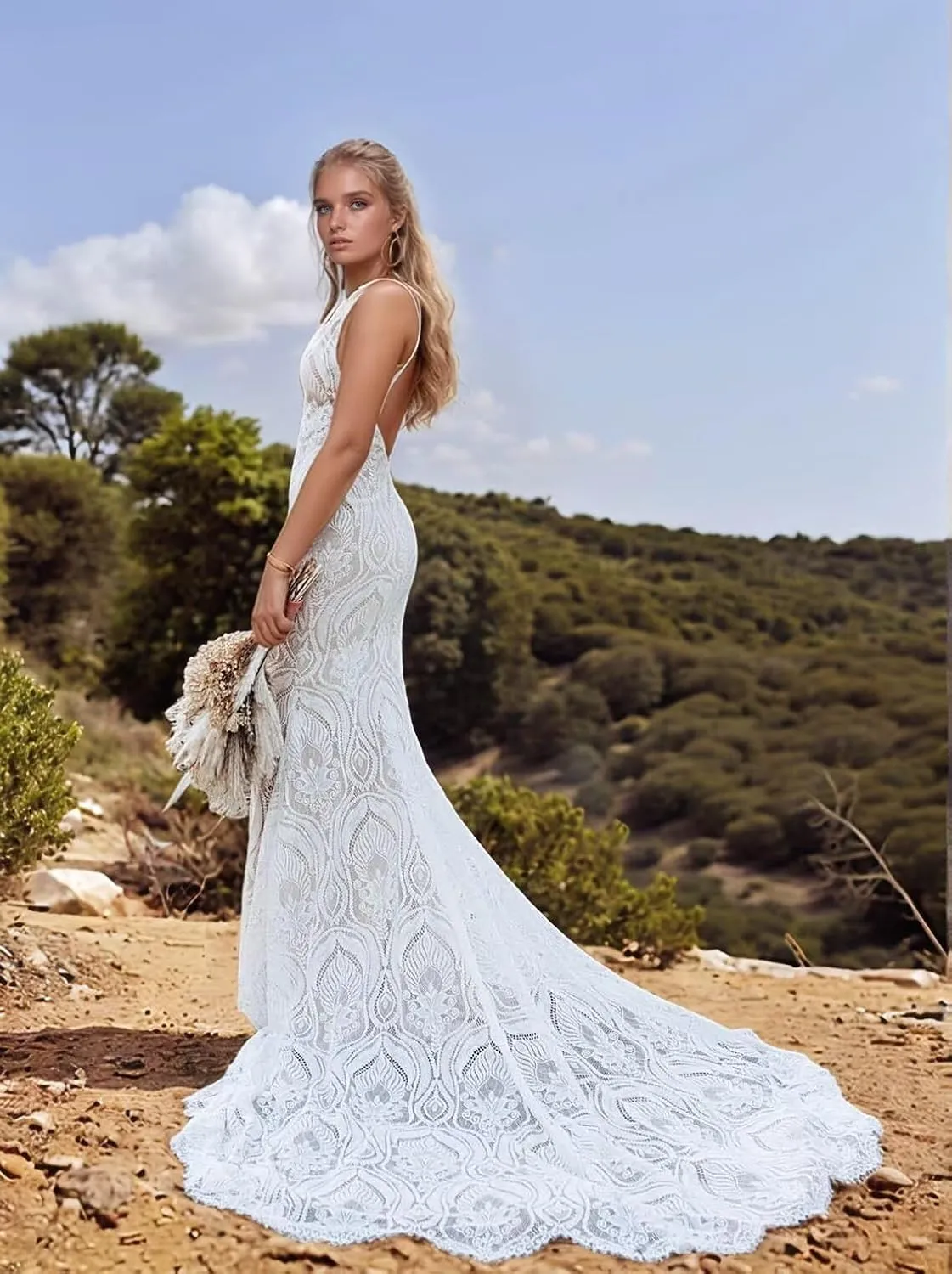 Women's Lace Wedding Dresses for Bride Long Sleeve Boho Bridal Wedding Gowns V Neck Bohemian Wedding Gown