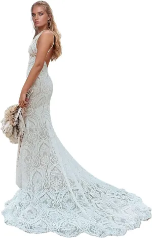 Women's Lace Wedding Dresses for Bride Long Sleeve Boho Bridal Wedding Gowns V Neck Bohemian Wedding Gown