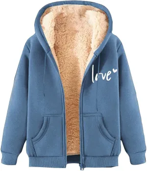 Womens Lamb Fleece Zip Up Hoodie Trendy Letter Printted Thick Thermal Jacket Long Sleeve Going Out Y2K Athletic Coats