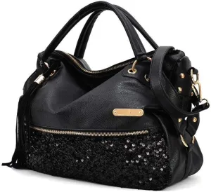 Women's Leopard Print Black Purse Handbag Hobo Style Sequin PU Leather Shoulder Bag