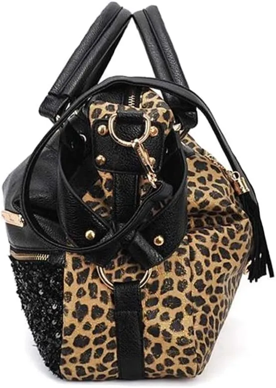 Women's Leopard Print Black Purse Handbag Hobo Style Sequin PU Leather Shoulder Bag