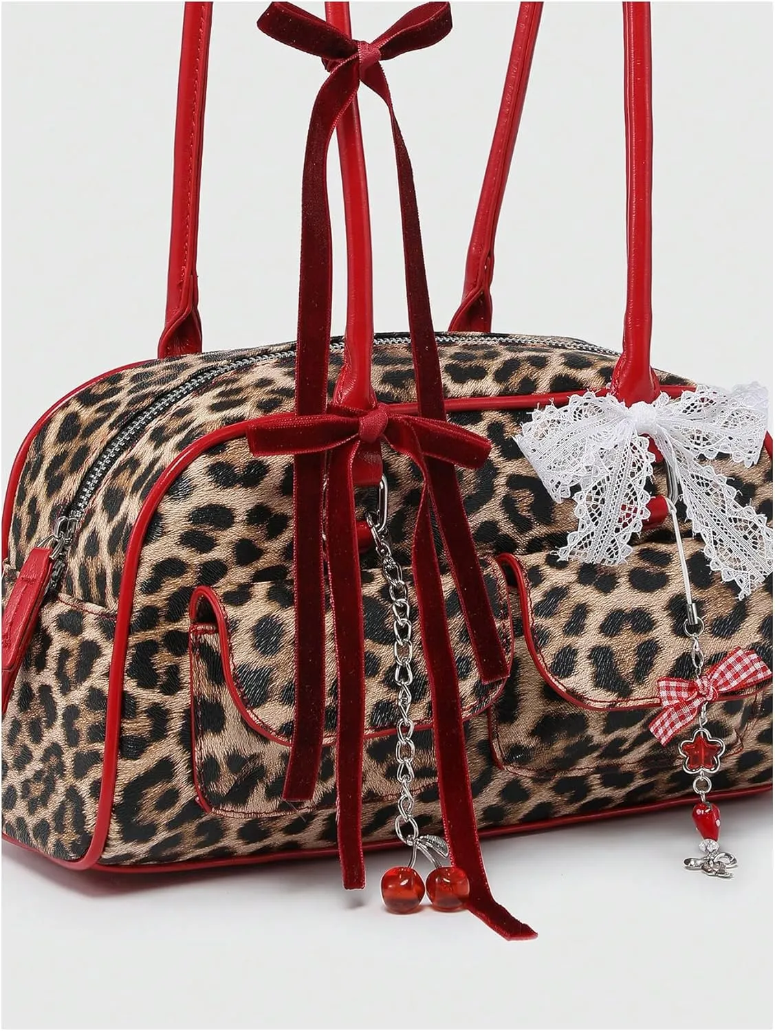 Women's Leopard Print Lace Bow Y2k Shoulder Bag Zipper Top Handle Leather Handbags
