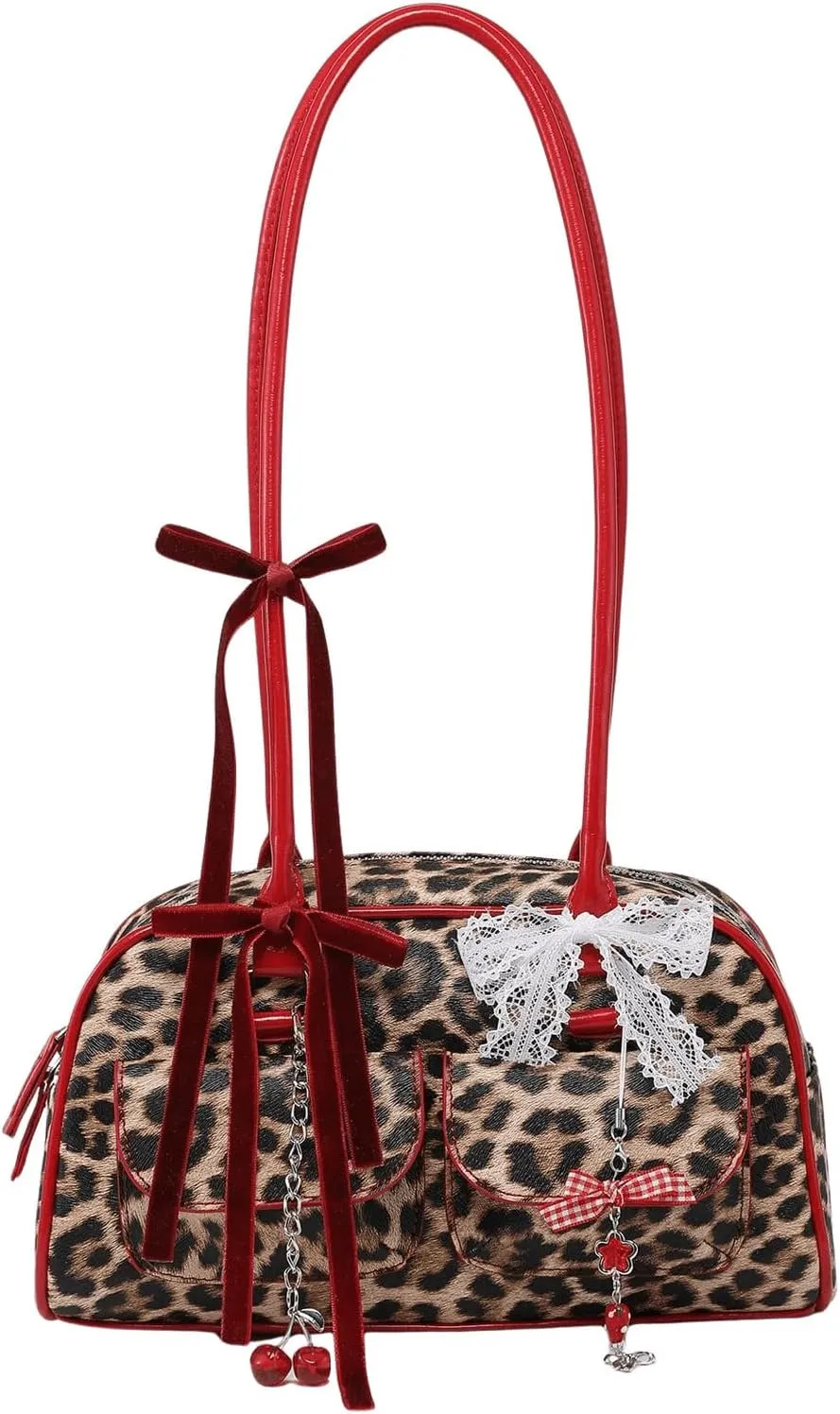Women's Leopard Print Lace Bow Y2k Shoulder Bag Zipper Top Handle Leather Handbags