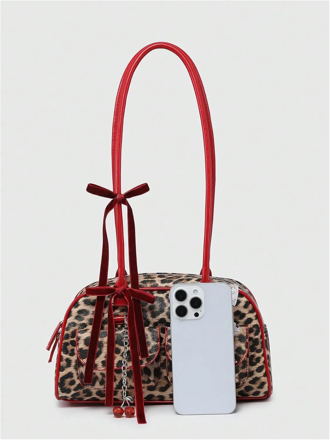 Women's Leopard Print Lace Bow Y2k Shoulder Bag Zipper Top Handle Leather Handbags
