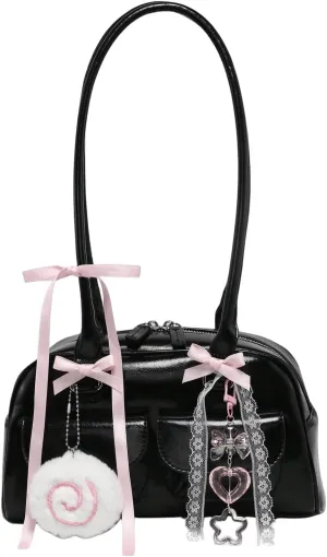 Women's Leopard Print Lace Bow Y2k Shoulder Bag Zipper Top Handle Leather Handbags