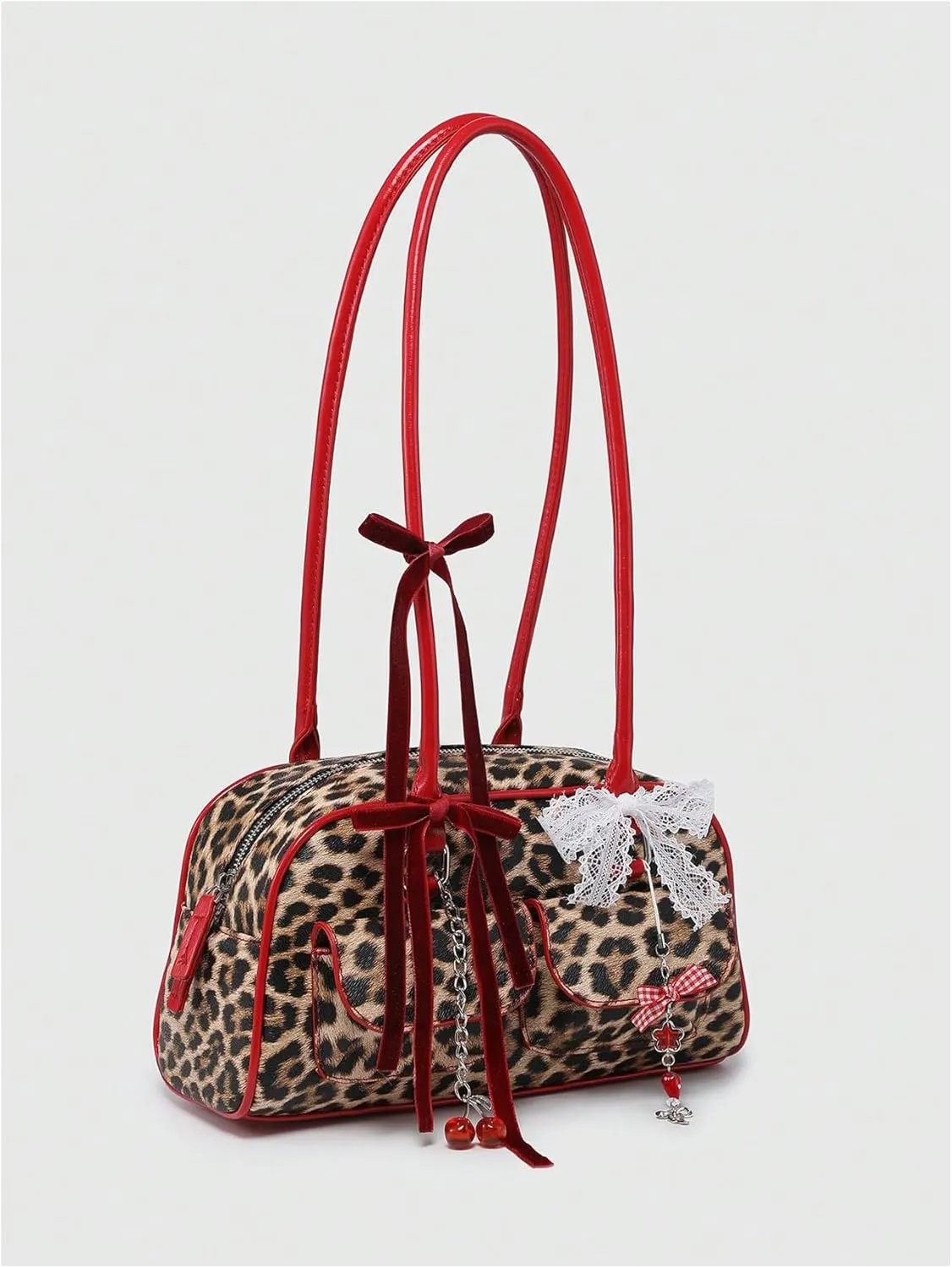 Women's Leopard Print Lace Bow Y2k Shoulder Bag Zipper Top Handle Leather Handbags