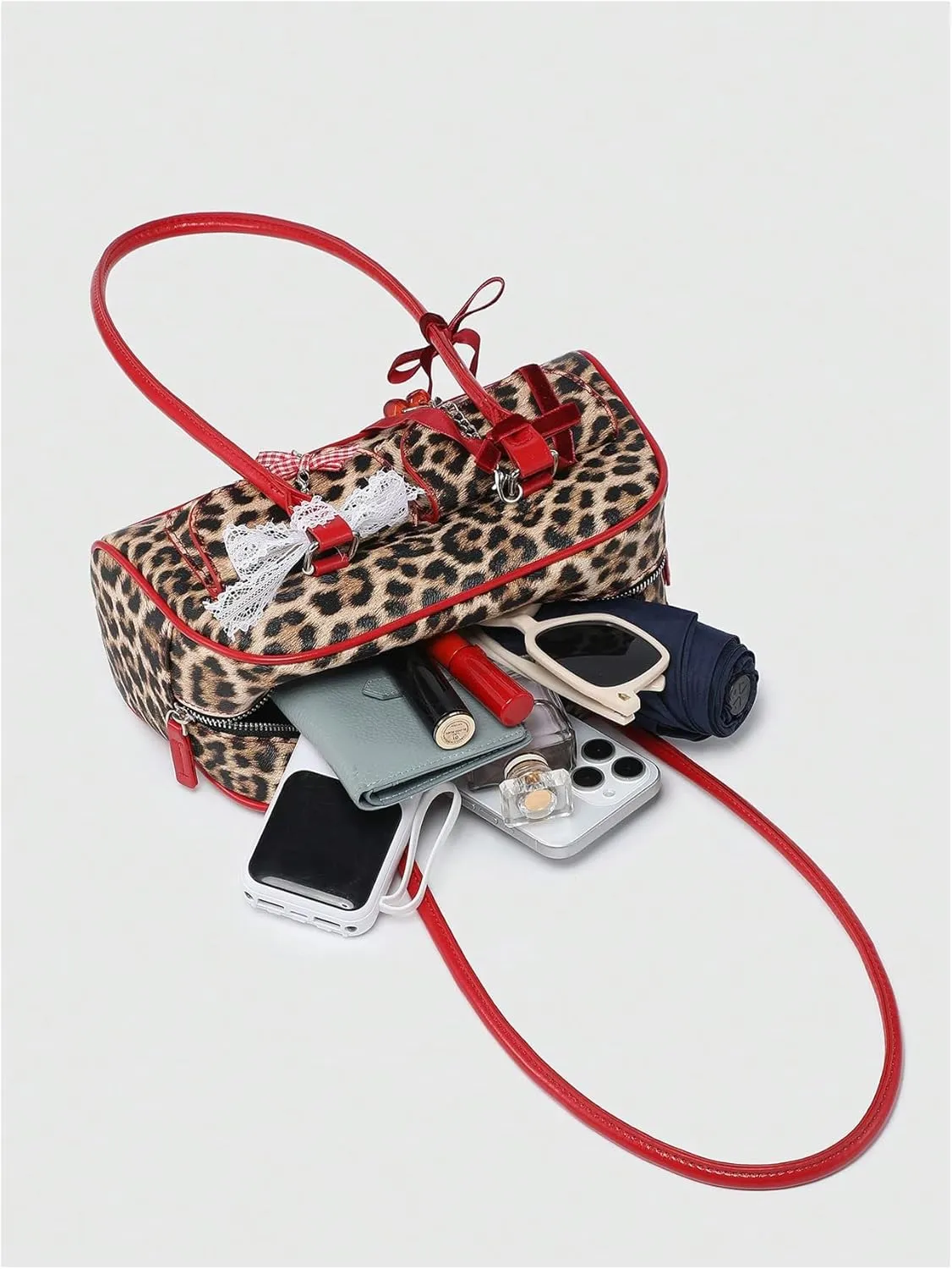 Women's Leopard Print Lace Bow Y2k Shoulder Bag Zipper Top Handle Leather Handbags