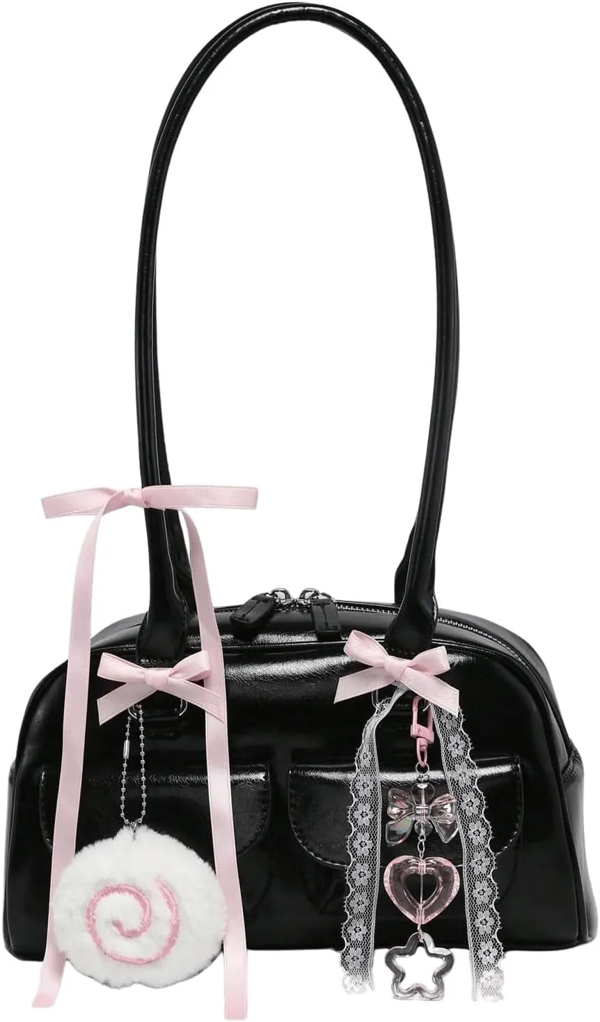 Women's Leopard Print Lace Bow Y2k Shoulder Bag Zipper Top Handle Leather Handbags