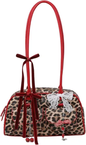 Women's Leopard Print Lace Bow Y2k Shoulder Bag Zipper Top Handle Leather Handbags