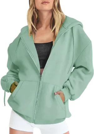Womens Lightweight Full Zip Up Hoodie Trendy Vacation Outdoor Y2K Streetwear Baggy Cozy Long Sleeve Solid Casual Coat