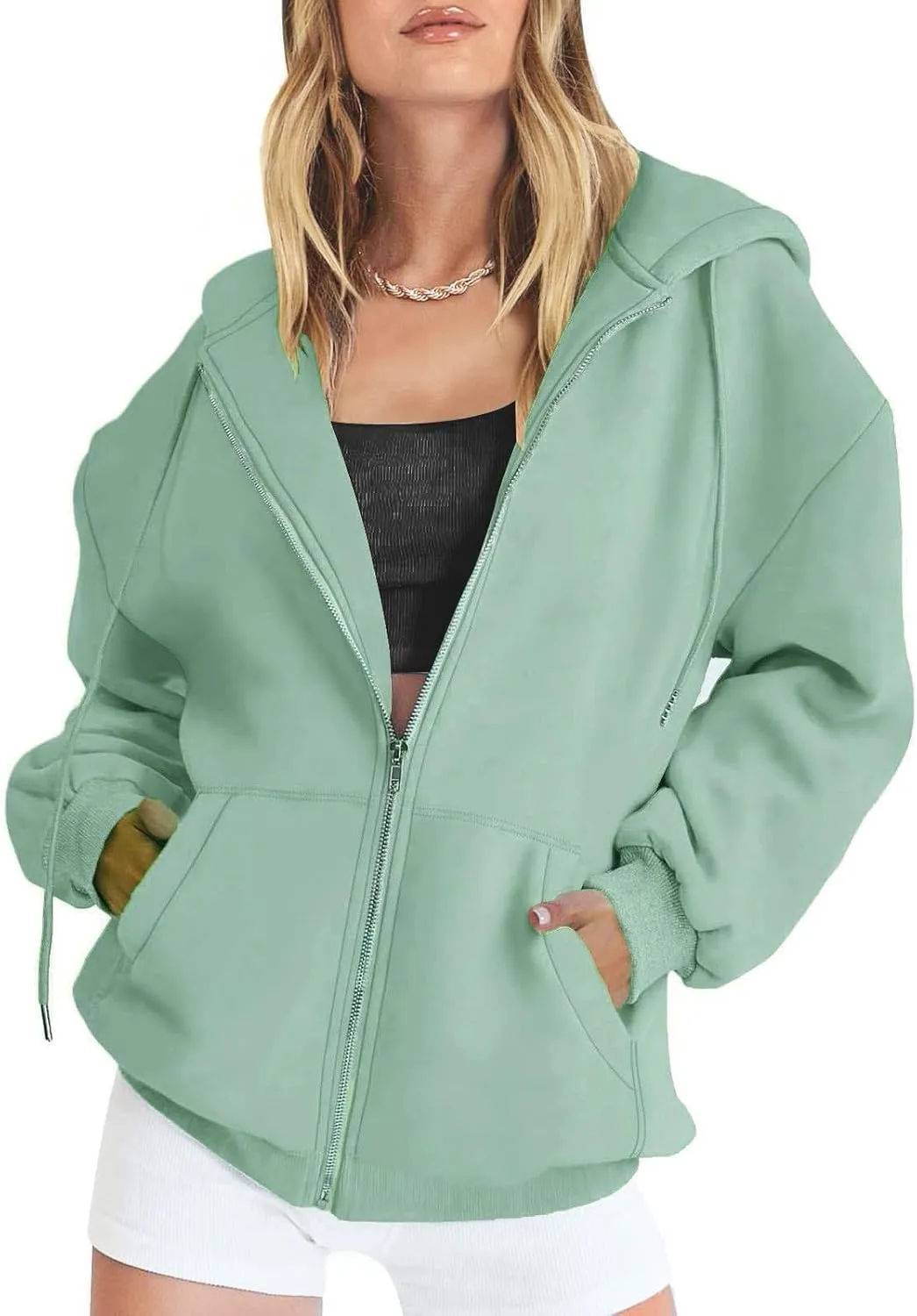 Womens Lightweight Full Zip Up Hoodie Trendy Vacation Outdoor Y2K Streetwear Baggy Cozy Long Sleeve Solid Casual Coat