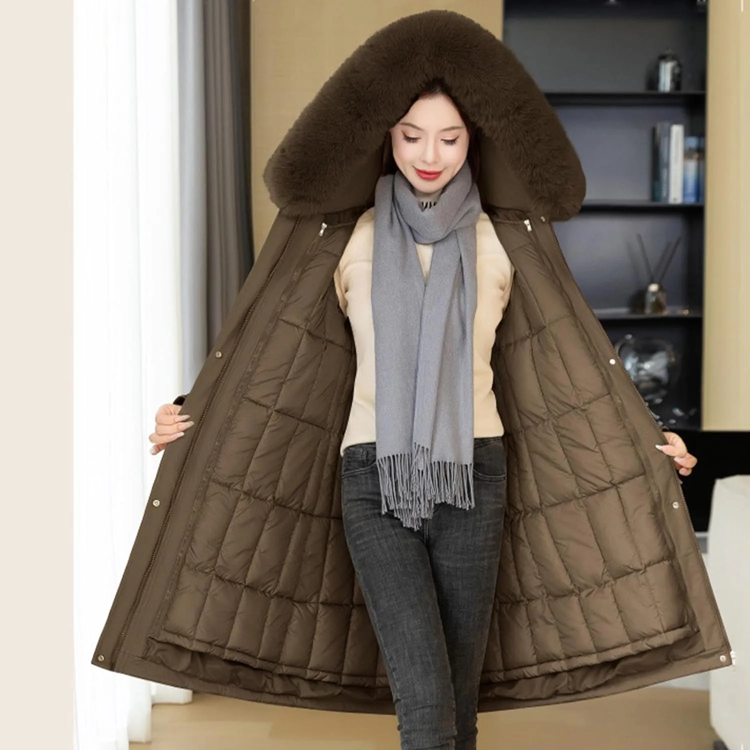 Women's Long Puffer Coat Parka Removable Down Liner Jacket Thicken Winter Faux Fur Warm Hooded Outwear with Pockets