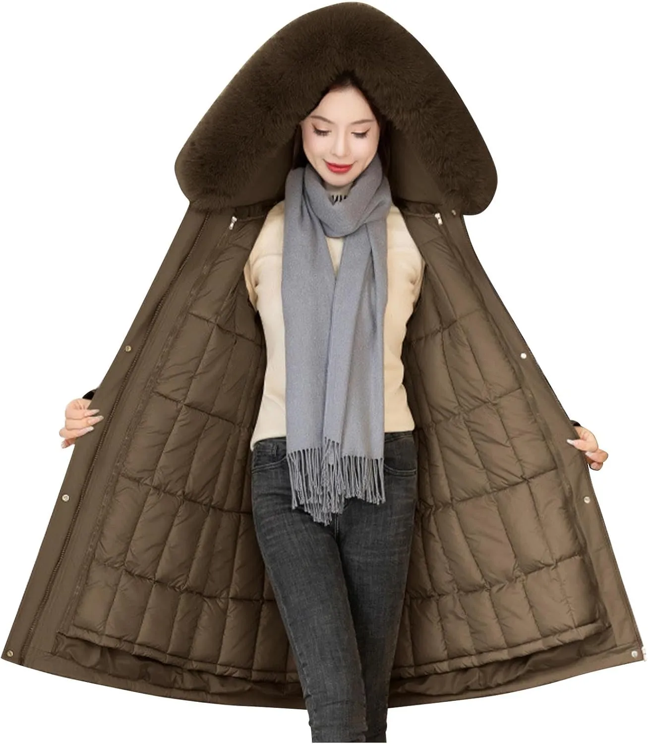 Women's Long Puffer Coat Parka Removable Down Liner Jacket Thicken Winter Faux Fur Warm Hooded Outwear with Pockets