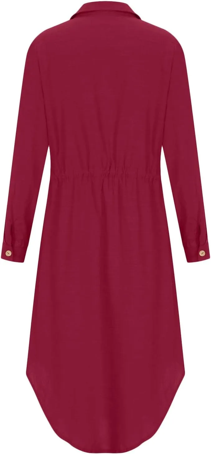 Women's Long Sleeve Cotton Linen Midi Dresses Solid Color Collared Tunic Dress Button Up Casual Beach Long Dress