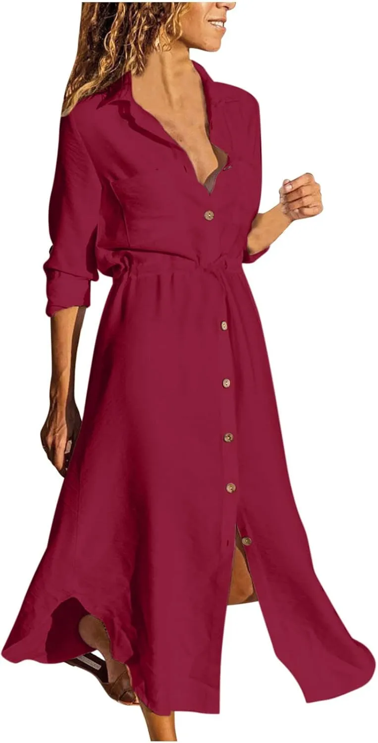 Women's Long Sleeve Cotton Linen Midi Dresses Solid Color Collared Tunic Dress Button Up Casual Beach Long Dress