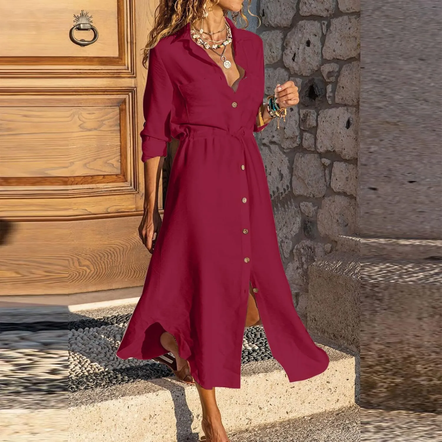 Women's Long Sleeve Cotton Linen Midi Dresses Solid Color Collared Tunic Dress Button Up Casual Beach Long Dress
