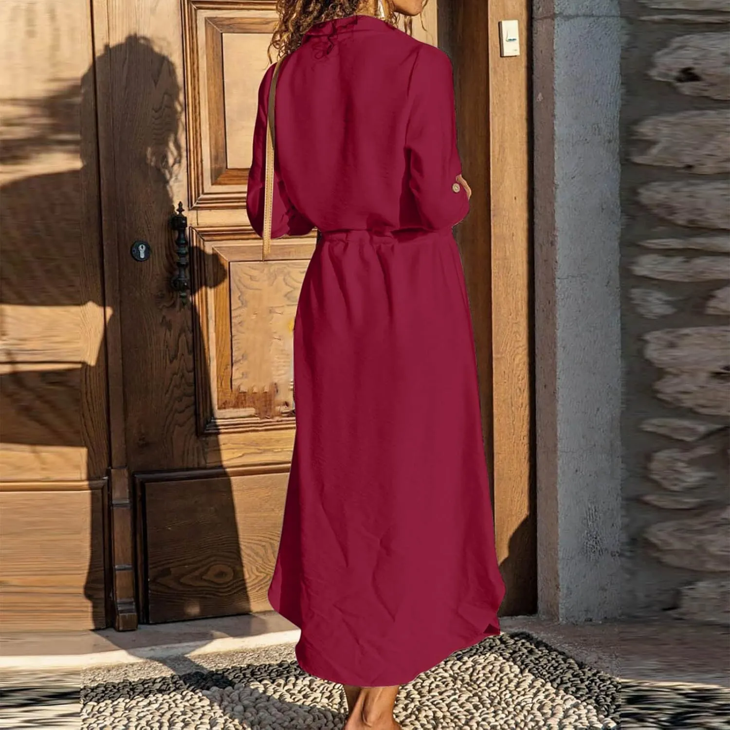 Women's Long Sleeve Cotton Linen Midi Dresses Solid Color Collared Tunic Dress Button Up Casual Beach Long Dress