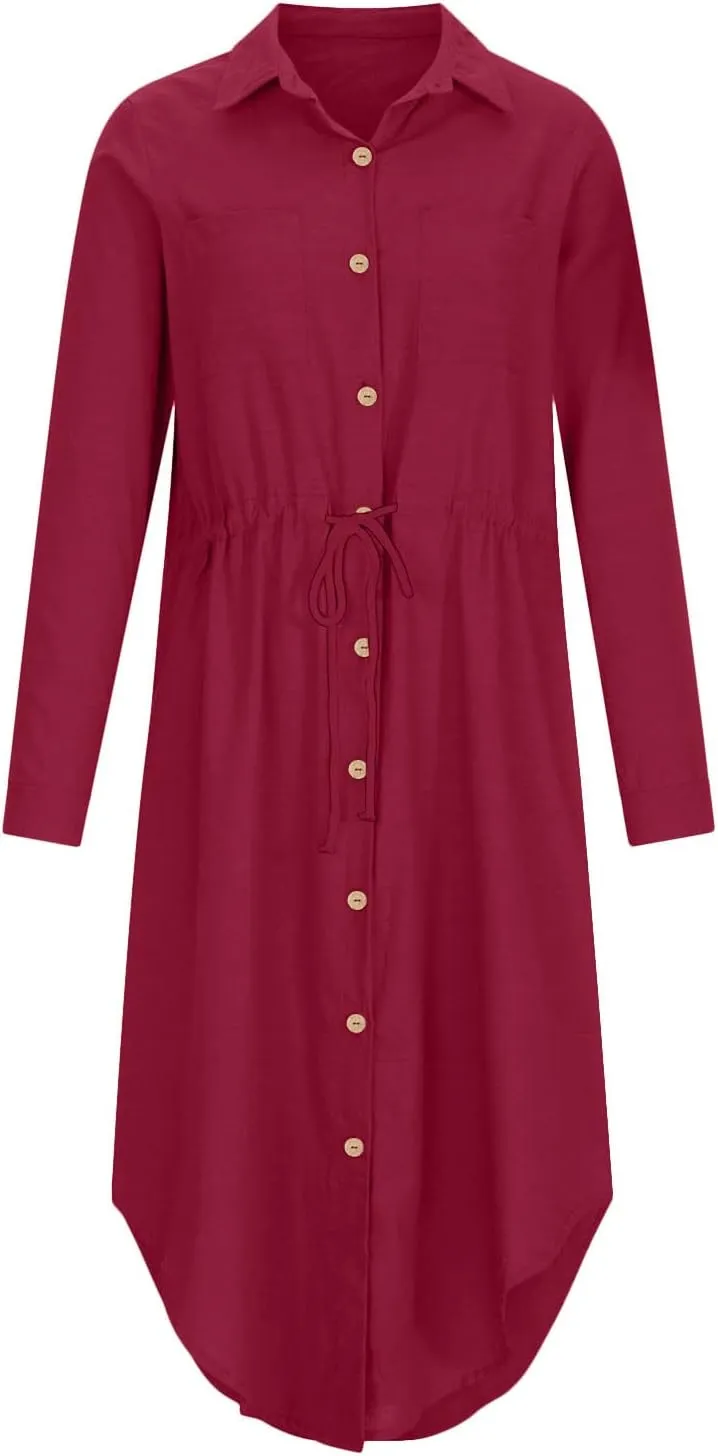 Women's Long Sleeve Cotton Linen Midi Dresses Solid Color Collared Tunic Dress Button Up Casual Beach Long Dress