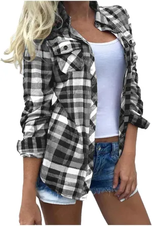 Womens Long Sleeve Going Out Shacket Jacket Checkered Button Down T-Shirt Flannel Causal Soft 2024 Spring Tops