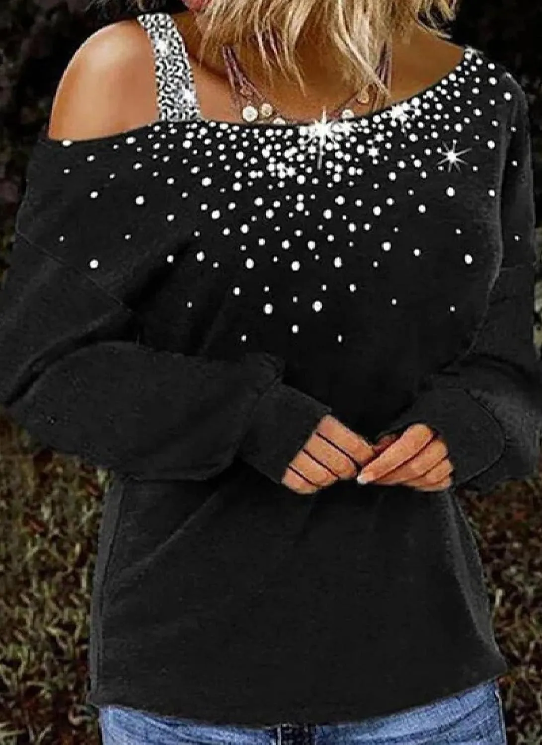 Women's Loose Fit Black Shirt Long Sleeve Asymmetrical Sequin Neck Cold Shoulder Pullover Tops Spring Autumn