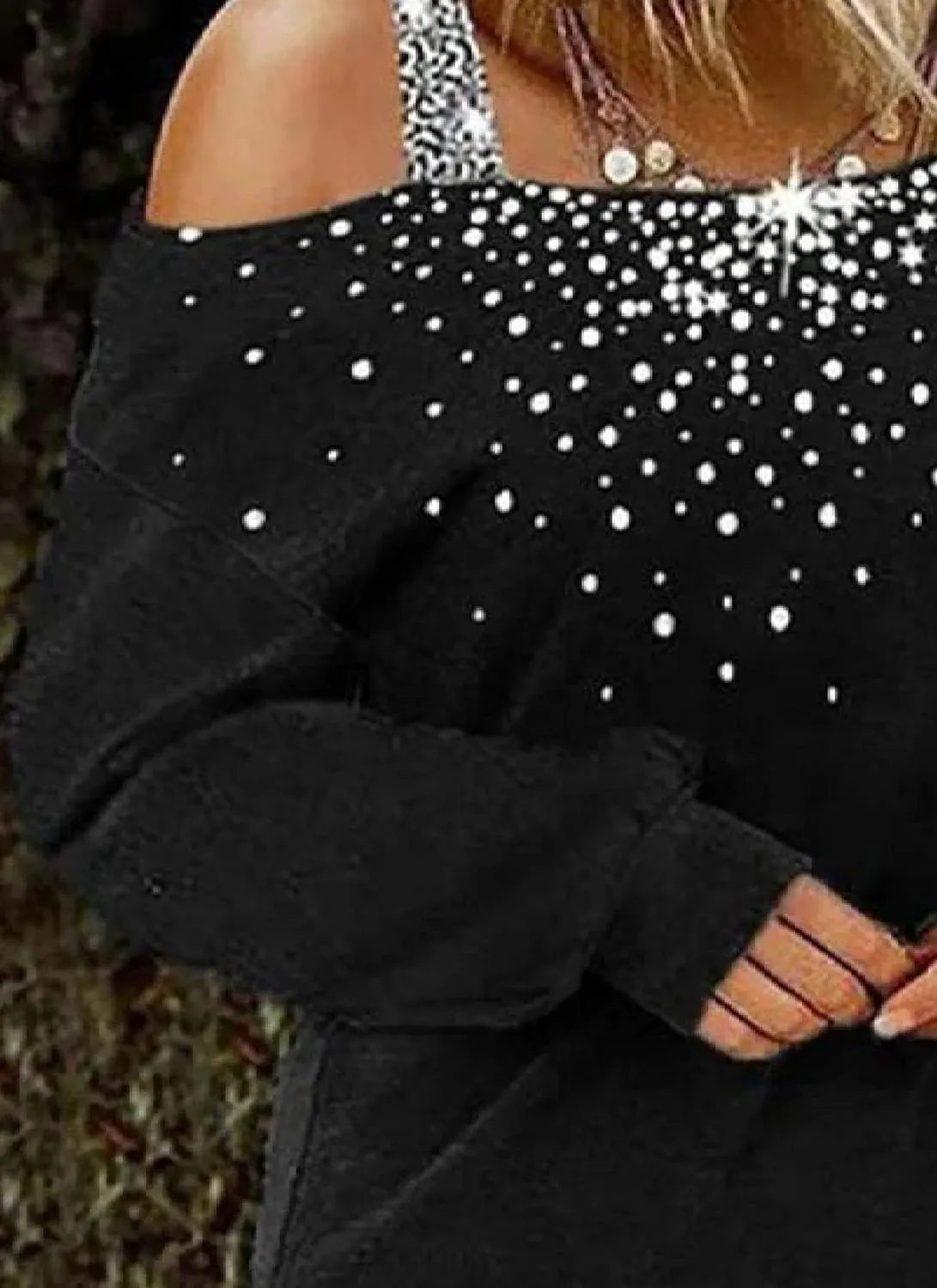 Women's Loose Fit Black Shirt Long Sleeve Asymmetrical Sequin Neck Cold Shoulder Pullover Tops Spring Autumn