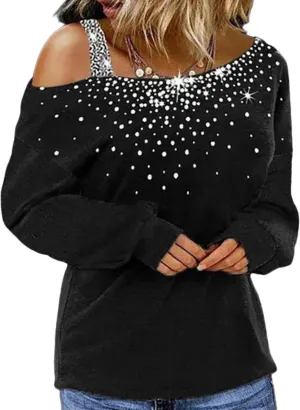 Women's Loose Fit Black Shirt Long Sleeve Asymmetrical Sequin Neck Cold Shoulder Pullover Tops Spring Autumn