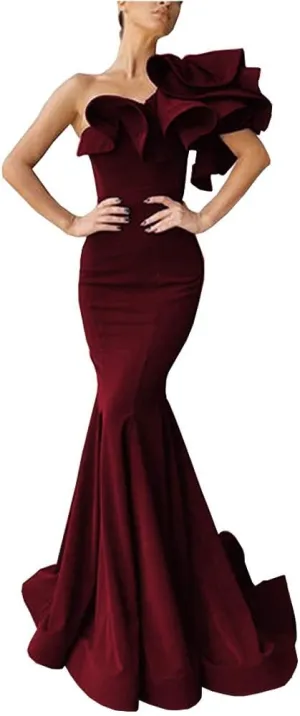 Women's Mermaid One Shoulder Ruffles Prom Dresses Evening Gowns