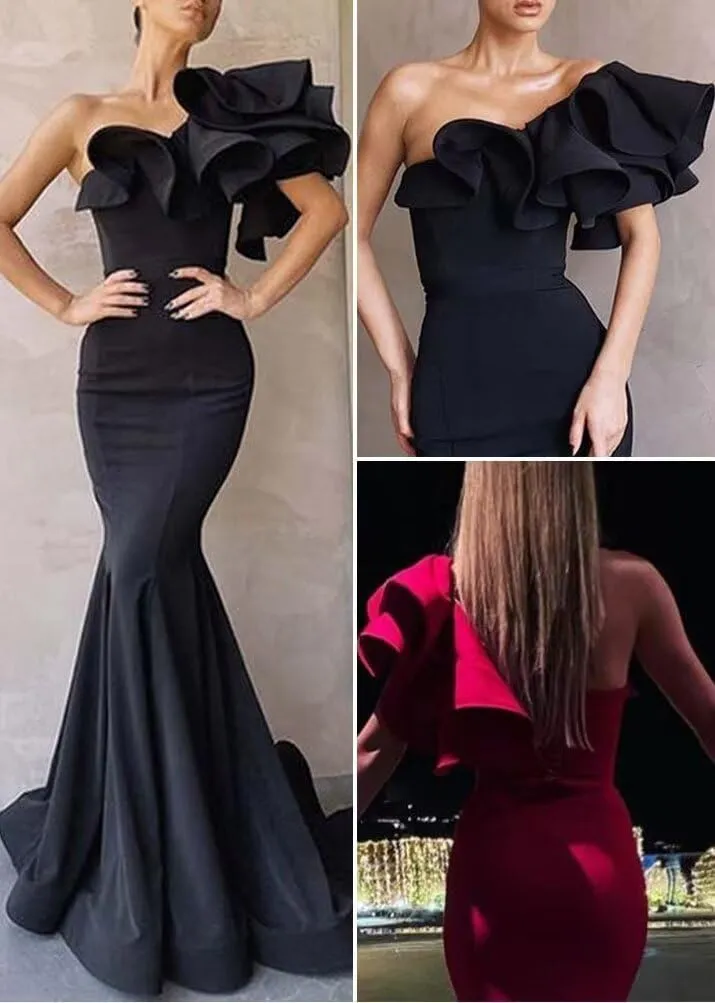 Women's Mermaid One Shoulder Ruffles Prom Dresses Evening Gowns