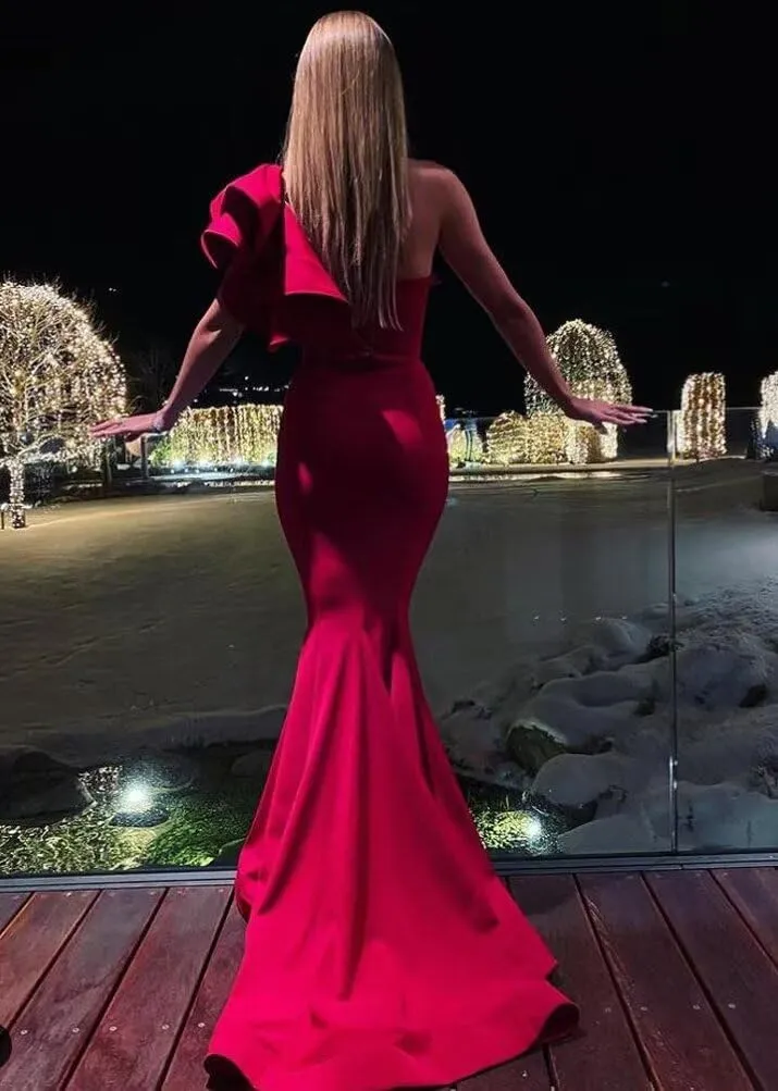 Women's Mermaid One Shoulder Ruffles Prom Dresses Evening Gowns