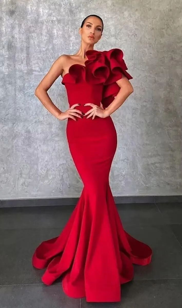 Women's Mermaid One Shoulder Ruffles Prom Dresses Evening Gowns