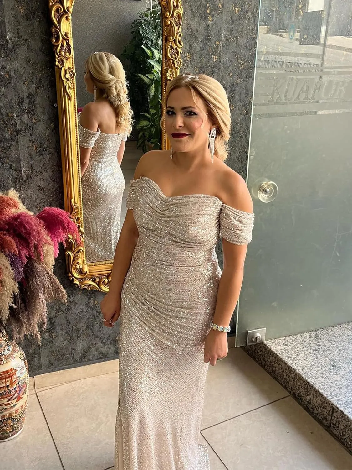 Women's Mermaid Prom Dress with Slit Pleated Sequin Sparkly Long Evening Formal Dresses
