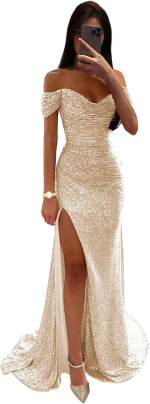 Women's Mermaid Prom Dress with Slit Pleated Sequin Sparkly Long Evening Formal Dresses