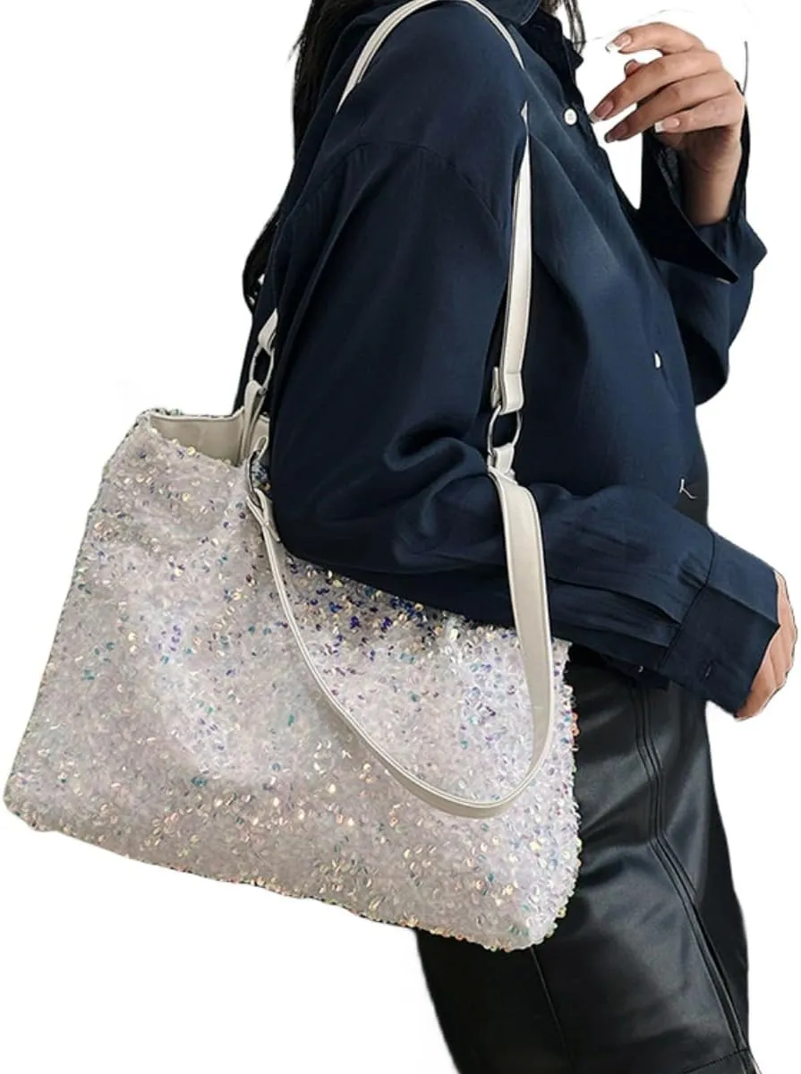 Womens Mermaid Sequins Shoulder Bag Reversible Sequin Handbag Purse Sparkling Tote Shiny Hobo Bag