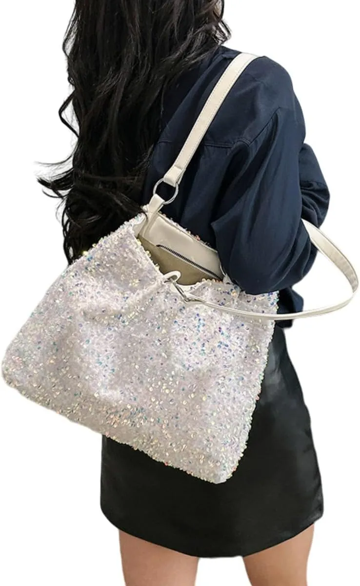 Womens Mermaid Sequins Shoulder Bag Reversible Sequin Handbag Purse Sparkling Tote Shiny Hobo Bag