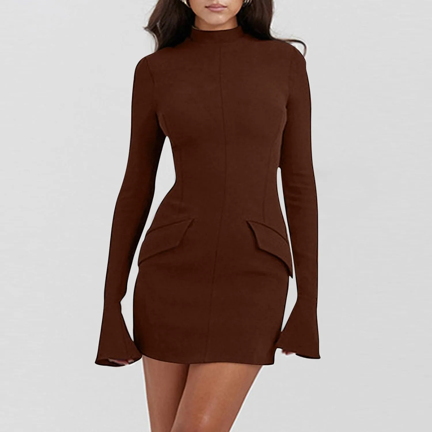 Women's Mini Dresses Business Formal Ruched Tight Fit Flowy Lightweight Basic Casual Dress Long Sleeve Fall Dresses